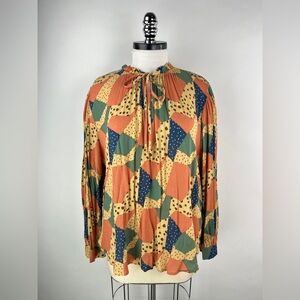 💚 3083. Patchwork Pattern Balloon Sleeve Blouse